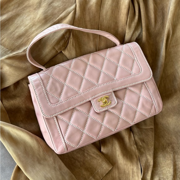 SOLD - CHANEL Pink Calfskin Wild Stitches Vintage Handle Flap Bag Large GHW - Picture 2 of 16